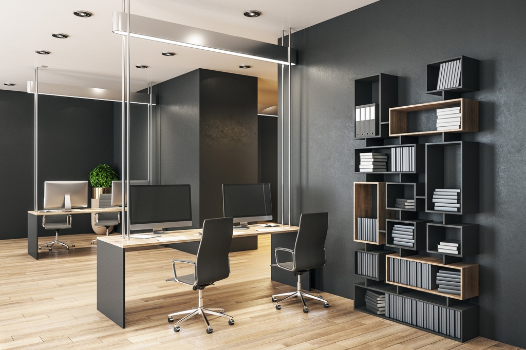 2-Person Desk with Ergonomic Office Chairs and Wall Shelving