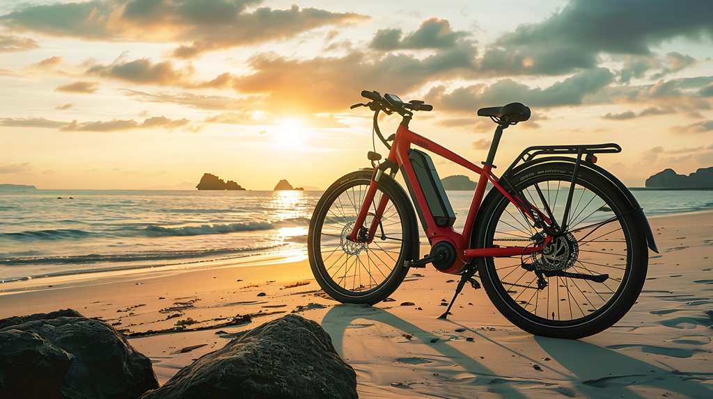 Electric Bike on Beach at Sunset – Scenic Coastal Ride with E-Bike