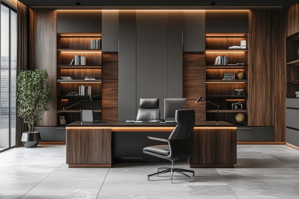 Executive Office with Double Pedestal Desk and Bookcases