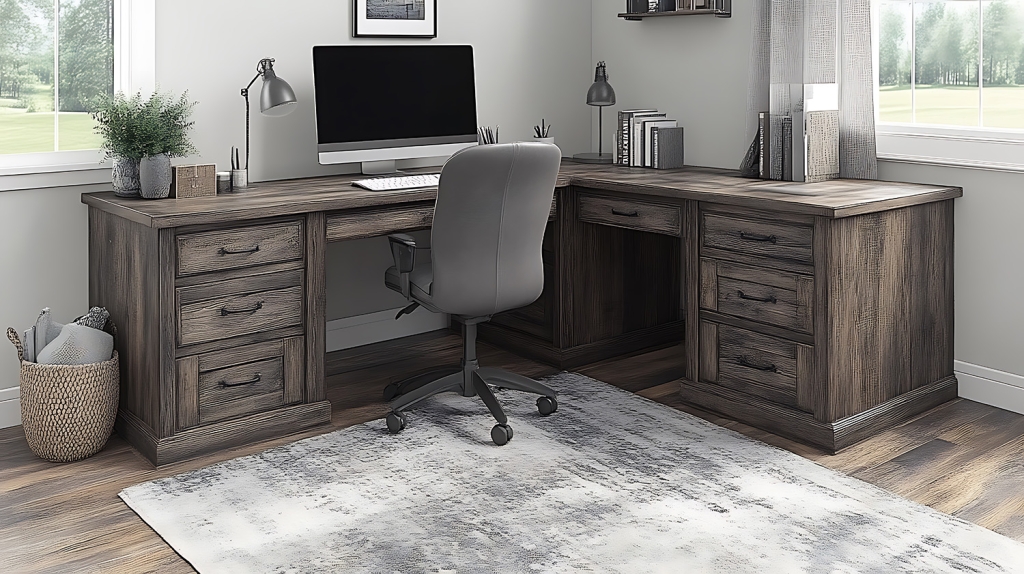 L-Shaped Desk with Drawers in Home Office Setting