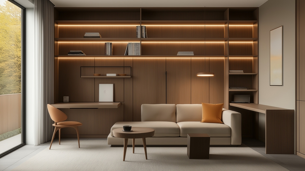 Modern Home Office with Floating Desk and Wall Storage