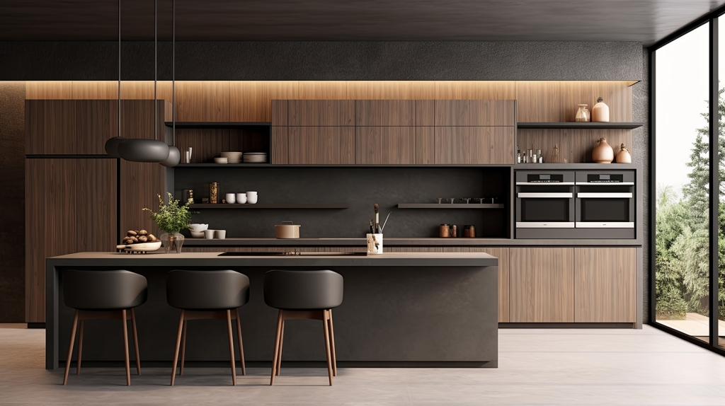 Modern Luxury Kitchen with Wood Cabinets and Island Seating