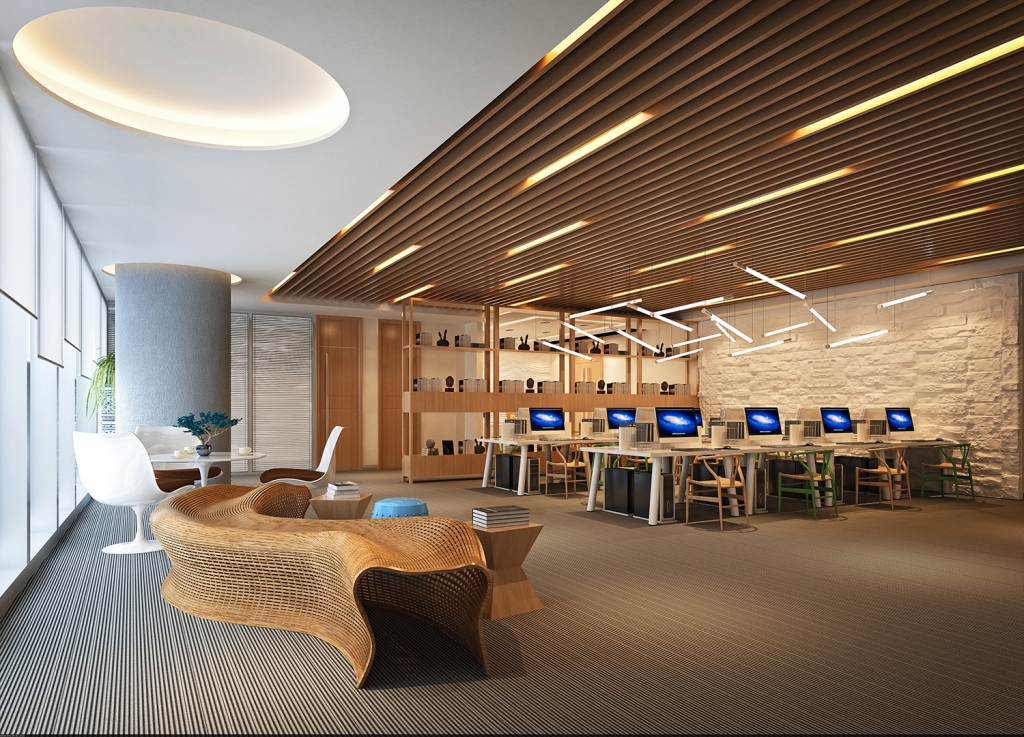 Open Office Layout with Shared Workstations and Lounge Seating