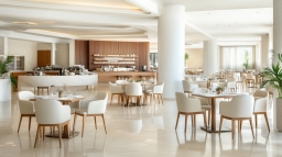 Modern Cafeteria Furniture with White Chairs and Wood Tables
