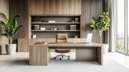Modern Executive Office Desk with Storage and Bookcase