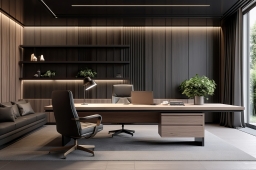 Modern Office with Executive Desk and Built-In Wall Shelves