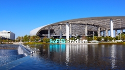 SoFi Stadium Exterior with Lake View – Modern Arena in Inglewood, California